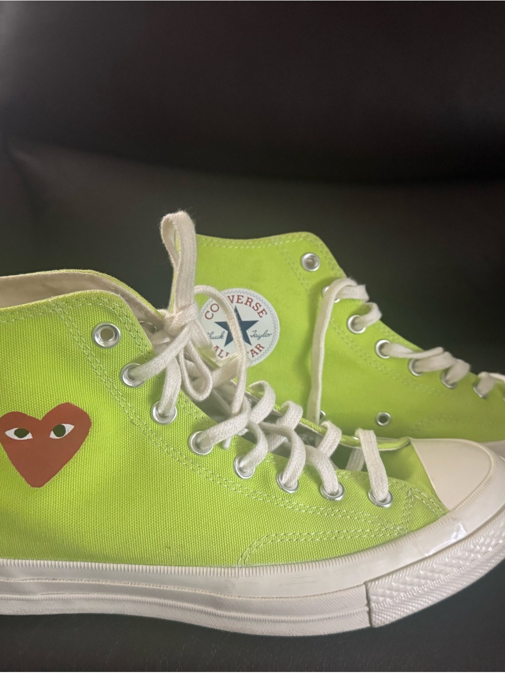 Converse X PlayComme des Garcons High-Top Sneakers in Lime Green with Heart Logo